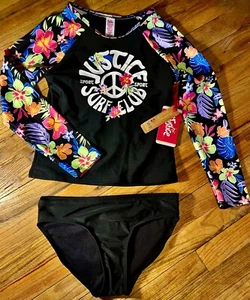 NWT Justice Girl Rash Guard TANKINI 2 pc SET Black Floral Swimsuit Sz 10, 12/14 - Picture 1 of 1