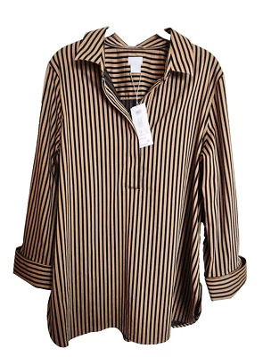 NUEVO CON ETIQUETAS Chico's talla 2 L 12 XL túnica a rayas medio abotonada camisa negra marrón $99 Foto 1 de 4