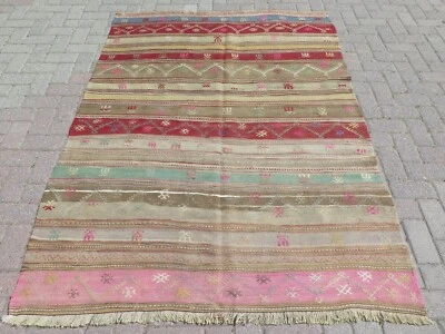 Alfombras de lana turcas Kilim, alfombra de piso hecha a mano, alfombra boho, Kelim grande 58"X80" Foto 1 de 4