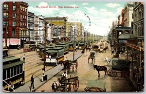 Postal Louisiana Nueva Orleans Canal Street vagones tirados por caballos tranvías 1909 - Imagen 1 de 2