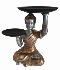 Elegante Buddha Skulptur 34 cm gold sitzend mit Tablett Dekoration Figur - Bild 1 von 1