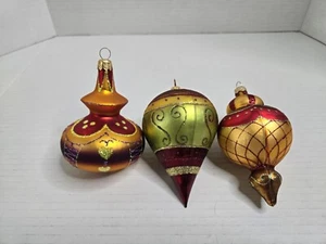 3 Ornamenti Vintage Christoball Vetro Dipinto Finale Goccia a Strappo Cipolla Oro Arancione - Foto 1 di 5