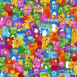 Feline Drive Fabric FLANNEL Crazy Cats Multi/White Oasis - Sold by the Yard - Picture 1 of 7