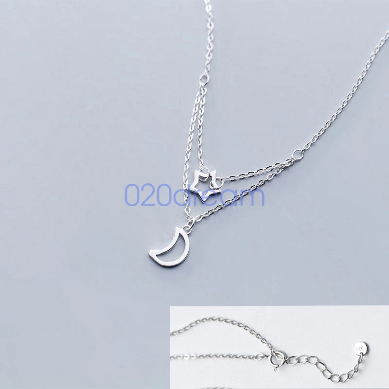 925 Sterling Silver Pendant Necklace 1.3mm Trace Chain Star & Moon Extend Adjust - Image 1 of 4