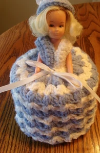 Vintage Crocheted Toilet Paper Cover Holder 8" Doll Blue And White Blonde Hair - Picture 1 of 4