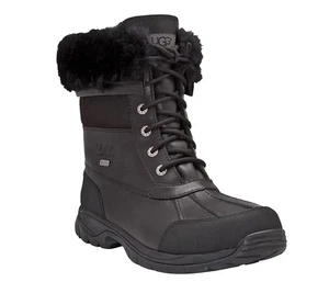 UGG MEN'S BUTTE  BLACK LEATHER WATERPROOF SHEEPSKIN WINTER BOOTS SIZE US 9 ~NIB - Picture 1 of 5