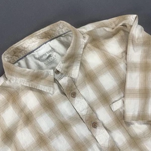 Organic Cotton Shirt Men XL Tan Windowpane Plaid Short Sleeve Button Horny Toad - Picture 1 of 15