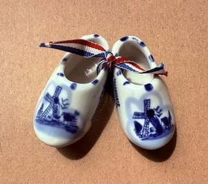 Miniature Dutch Porcelain Shoes Delft Blue and White Hand Painted Windmills - Picture 1 of 8