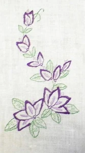 Linen Dish Show Towel Embroidered Purple Flowers Fingertip Beauty Small Vintage - Picture 1 of 3