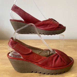 FLY London Yakin Red Leather Slingback Wedge Sandal EU 40 UK 7 - Picture 1 of 10