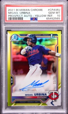 2021 Bowman Chrome 1st Misael Urbina! RC! Auto! Yellow Refractor! #/75 PSA 10! - Image 1 of 2