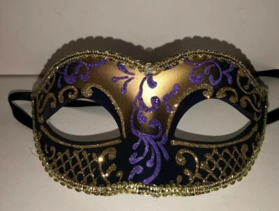 Costume Masquerade Mask Purple, Blue, Gold Glittery With Ribbon Tie New - Image 1 of 2