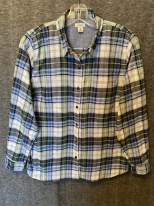 LL Bean Shirt Womens Medium Blue Plaid Flannel Button Up Collar Top Outdoor - Picture 1 of 10