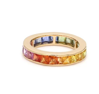 10k Solid Gold Band Ring Multi Rainbow Sapphire Gemstone Ring Size Available - Image 1 of 4