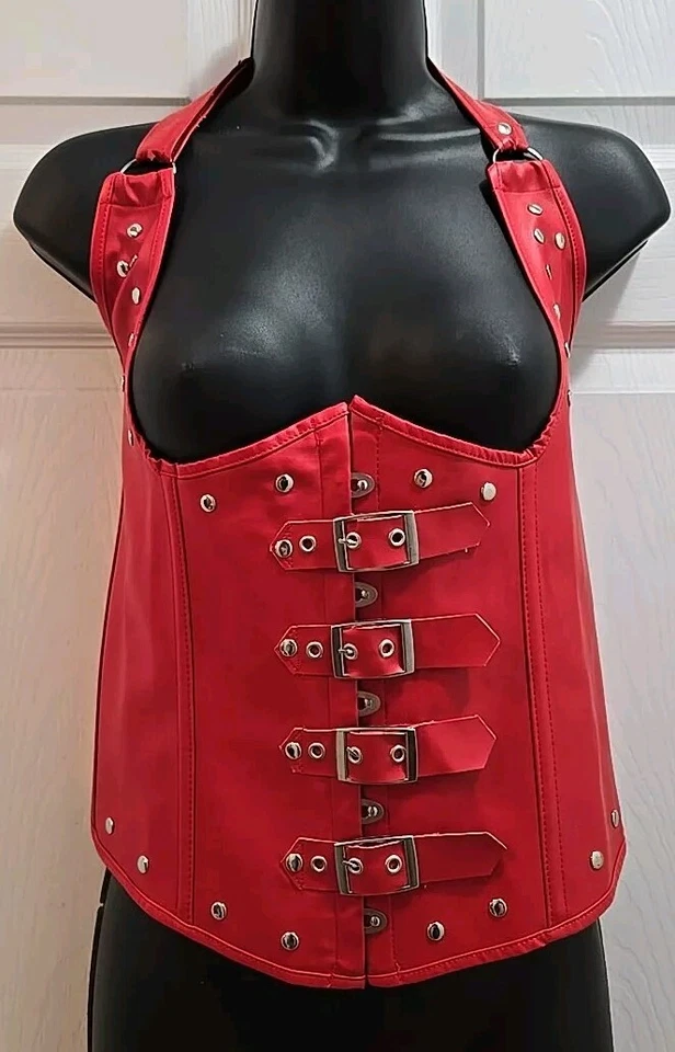 红色人造皮革紧身胸衣蒸汽朋克耳钉和哥特式扣闭合系带 2XL — 第 1/4 张图片
