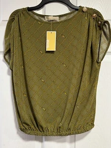 Womens Michael Kors Olive/Gold w/Chain design and shoulder button Tops ~ 2 Sizes - Picture 1 of 3