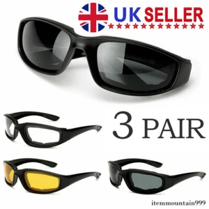 3 Pair Motorcycle Sports Padded Biker Riding Glasses Wind Resistant Sunglasses - Picture 1 of 24