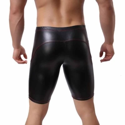 Mens Black Faux Leather Stretch Shorts Half Pants Wet-Look Shiny Gym Tights Slim - Image 1 of 4