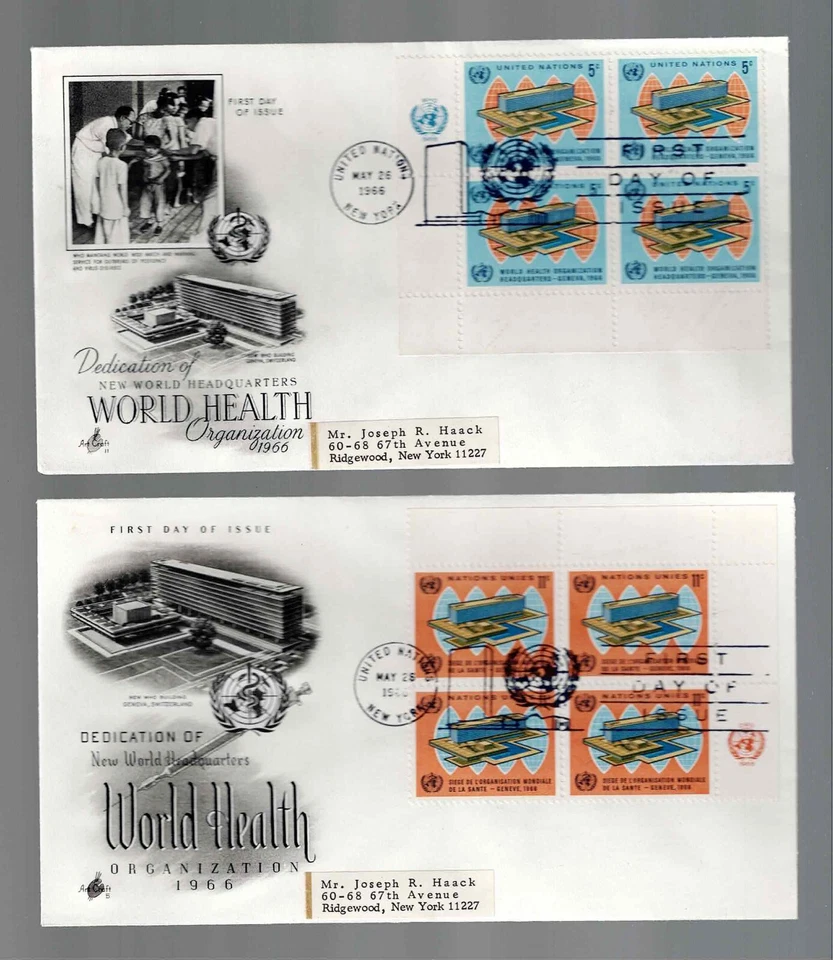 UN Scott #NY 156-57, First Day Covers 5/26/66 Blocks World Health Organization - Image 1 of 1