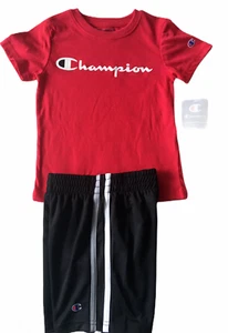 CHAMPION LITTLE BOYS RED SHIRT BLACK SHORTS 2PC SET OUTFIT 4 NEW - Picture 1 of 3