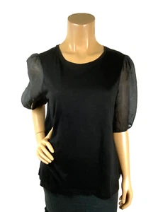 Sanctuary Black Top Size L Sheer Short Puff Sleeves Round Neck - Picture 1 of 12