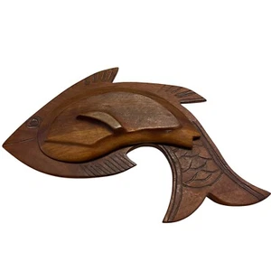 Portagioie portagioie vintage legno intagliato a mano pesce con coperchio porta caramelle pescatore - Foto 1 di 13