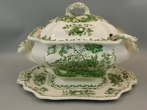 MASONS GREEN FRUIT BASKET LARGE SOUP TUREEN LADLE AND UNDERPLATE. - Picture 1 of 8