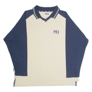 Vintage FILA Mens Patterned Jumper Cream Colourblock Collared 90s Tight Knit XL - Picture 1 of 6