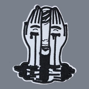 TEARING HAND EYES SCHIZO BLACK WHITE TATTOO ART IRON ON PATCH 3.5" X 2.75" - Picture 1 of 4