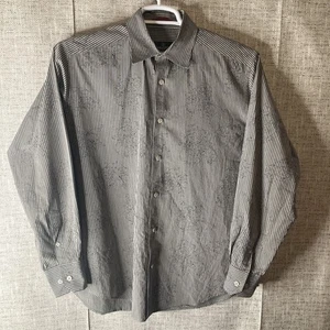 Bugatchi Uomo Shirt Mens Size M Black Striped With Design Button Up Long Sleeve - Picture 1 of 7