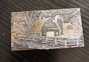 Vintage Letterpress Printer's Block. Country Barn With Fence. - Picture 1 of 3