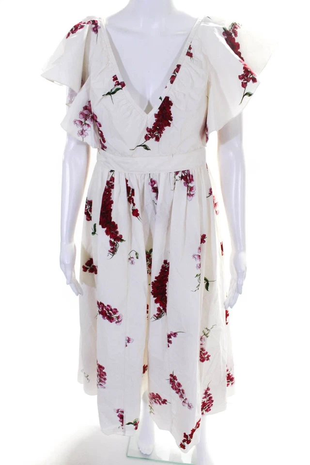 Giambattista Valli Womens Floral Poplin Midi A Line Dress White Pink Size IT 42 - Image 1 of 4