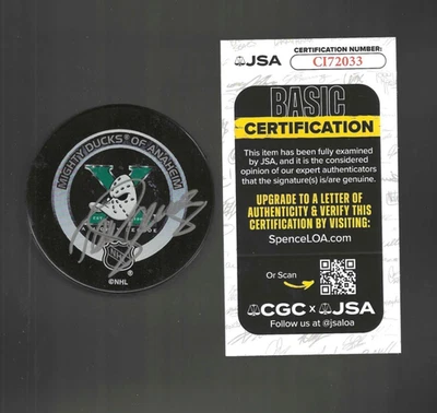Teemu Selanne Firmado Anaheim Mighty Ducks 10 Aniversario Juego Puck Certificado de Autenticidad JSA Foto 1 de 2