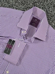 Hawes & Curtis Button Up Shirt Small Stirling Slim Fit Purple Check French Cuff - Picture 1 of 6