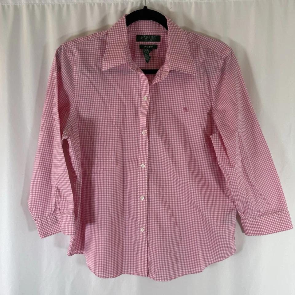 Lauren Ralph Lauren Dress Shirt Women's Petite Large Pink Plaid Button Up 3/4 Sl - Image 1 of 4