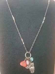 Vintage Necklace With Turquoise Coral Gemstone Beads Chain Owl 32" Long  ~   S9 - Picture 1 of 1