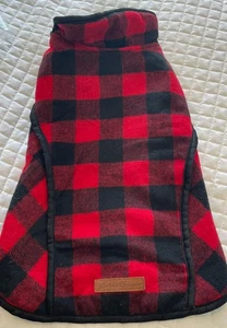 Eddie Bauer Dog Vest/Coat/Jacket Black&Red Buffalo Plaid FLEECE lined LARGE - Picture 1 of 5