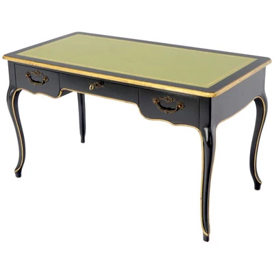Baker Country French Black Lacquer Gold Trim Leather Desk Console - Image 1 of 4