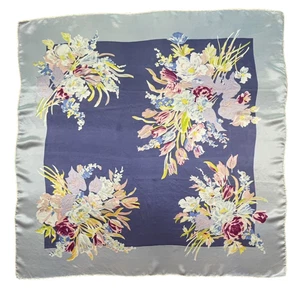 Vintage 1950s Satin Scarf Floral Dk. Blue Lt. Blue Pink Red Purple 36" Sq. - Picture 1 of 14