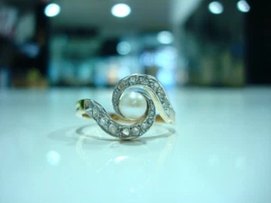 Spectacular Art Nouveau French 18K Venus Pearl Diamonds Platinum Swirl Ring ! - Picture 1 of 9