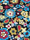 Cotton Fabric Stylized Flowers on Black Background Red Blue Golden Teal 1-1/4 Y