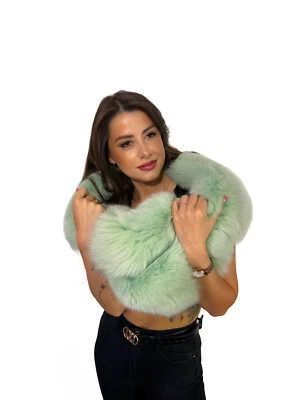 Fox Fur Stole 63" (160cm) Saga Furs Big Scarf Light Green Color Fur Boa Wrap - Image 1 of 4