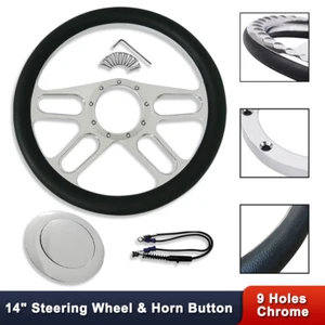 Chrome 14" Half Wrap 9 Holes New Age Style Steering Wheel & Smooth Horn Button - Picture 1 of 8