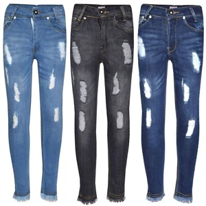 Girls Skinny Jeans Kids Stretchy Denim Ripped Rough Pants Trousers Jeggings 5-13 - Picture 1 of 14