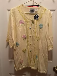 Storybook Knits Size 3X Flower Sweater Cardigan Yellow Flowers And beads - Picture 1 of 5