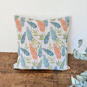 1677. Woodland Teal/Orange Block print Linen Look 100% Cotton Cushion Cover - Picture 1 of 3