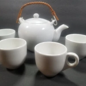Vintage White Porcelain Teapot with 4 Iroquois China Cups Set Rattan Handle USA - Picture 1 of 9