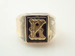 Vintage Art Deco Siegelring Initiale "K" Onyx Sterlingsilber Vermeil Bandring 6 - Bild 1 von 7
