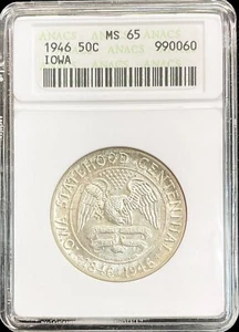 1946 IOWA CENTENNIAL 50c COMMEMORATIVE HALF DOLLAR COIN ANACS MINT STATE 65 - Picture 1 of 2