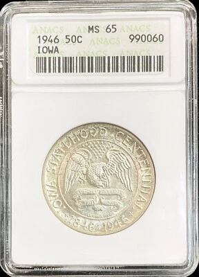 1946 IOWA CENTENNIAL 50c COMMEMORATIVE HALF DOLLAR COIN ANACS MINT STATE 65 - Image 1 of 2
